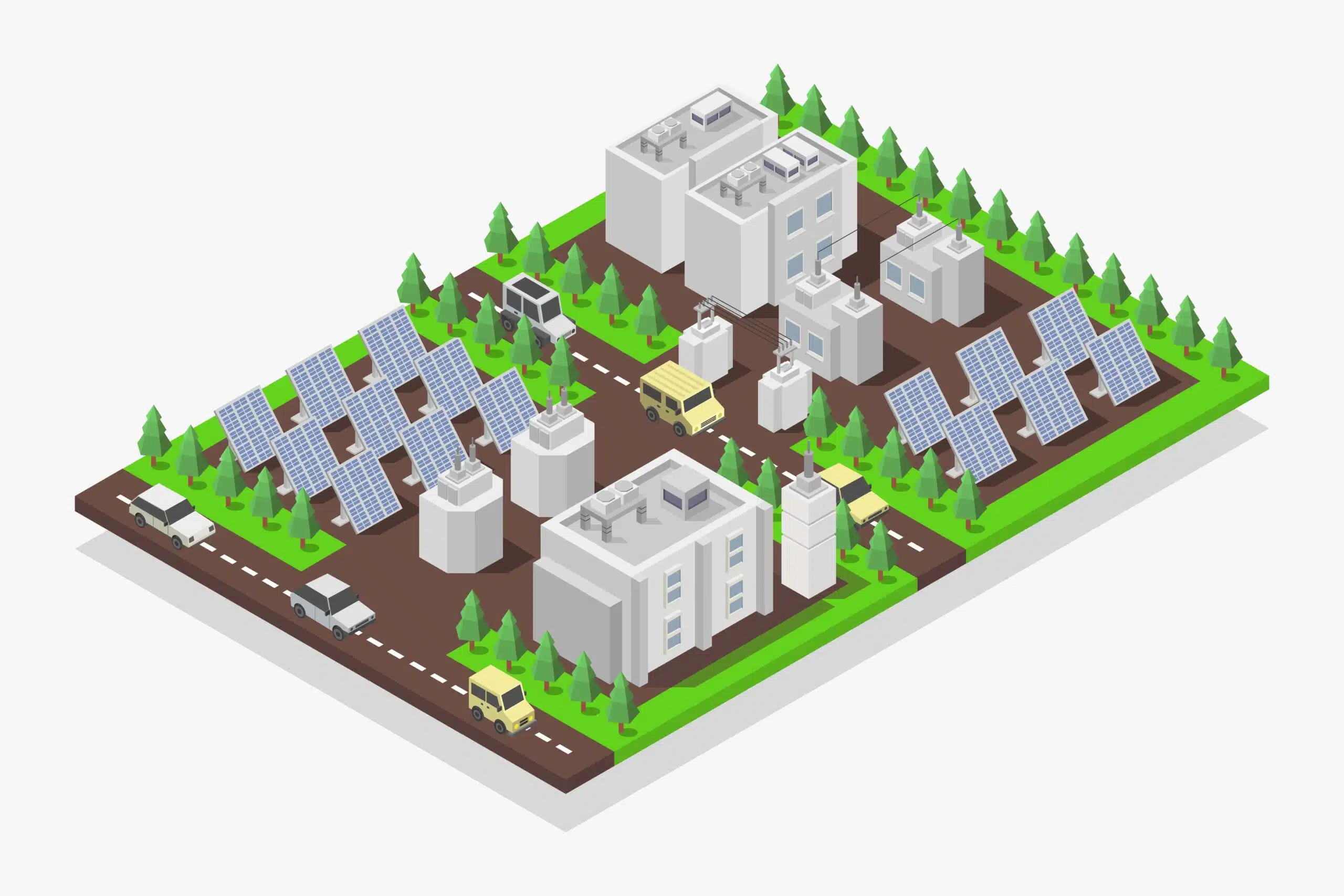 A graphic illustration of microgrid working in conjunction with solar power. When using solar as the primary power source at a microgrid, it should be combined with a battery energy electric system to ensure continuous power availability throughout the day.